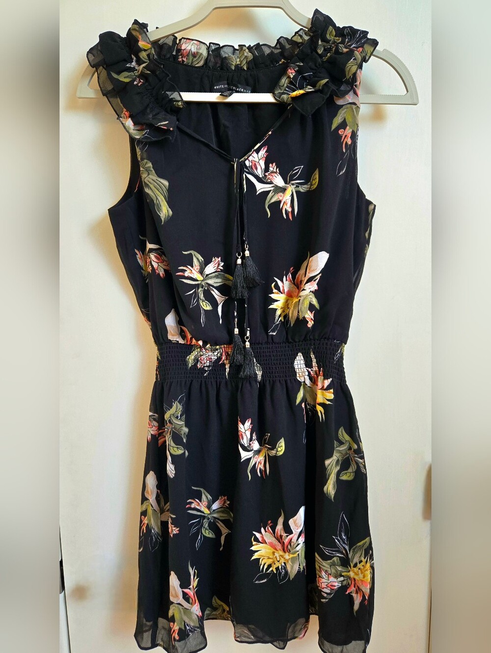 White House Black Market Tropical Floral Ruffle Tassel Mini Dress Petite